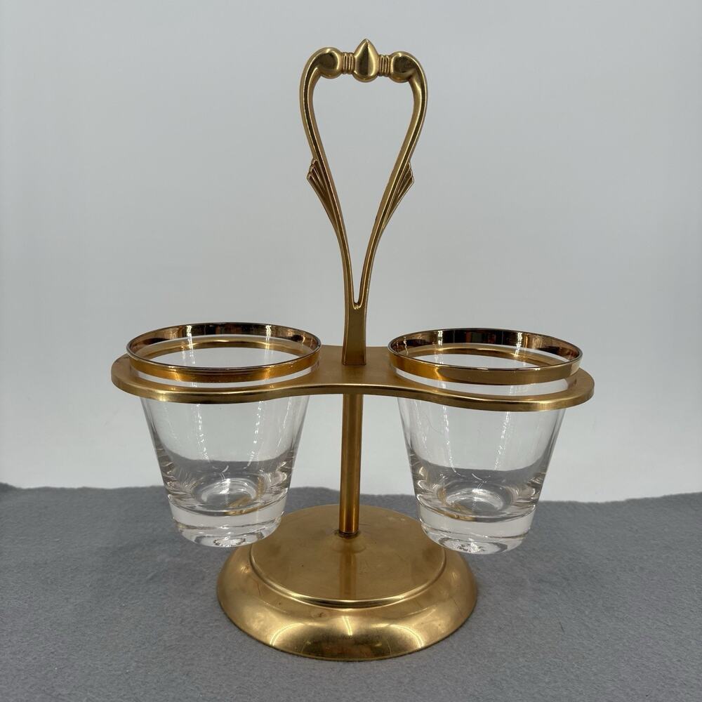 Vintage MCM Gold Colored Condiment Serving 2 Glass Cups MidCentury Decor